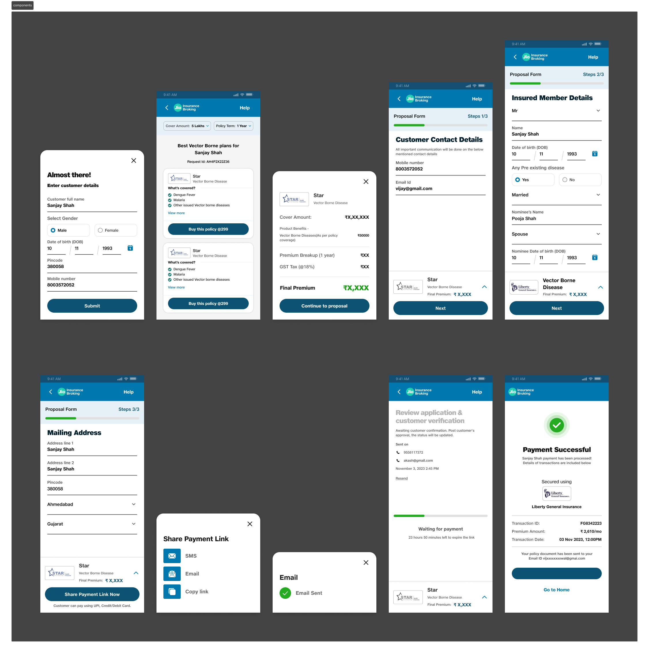 Jio Insurance agent-assisted policy flow showing customer details, plan recommendation, proposal form, payment link sharing, and payment confirmation screens