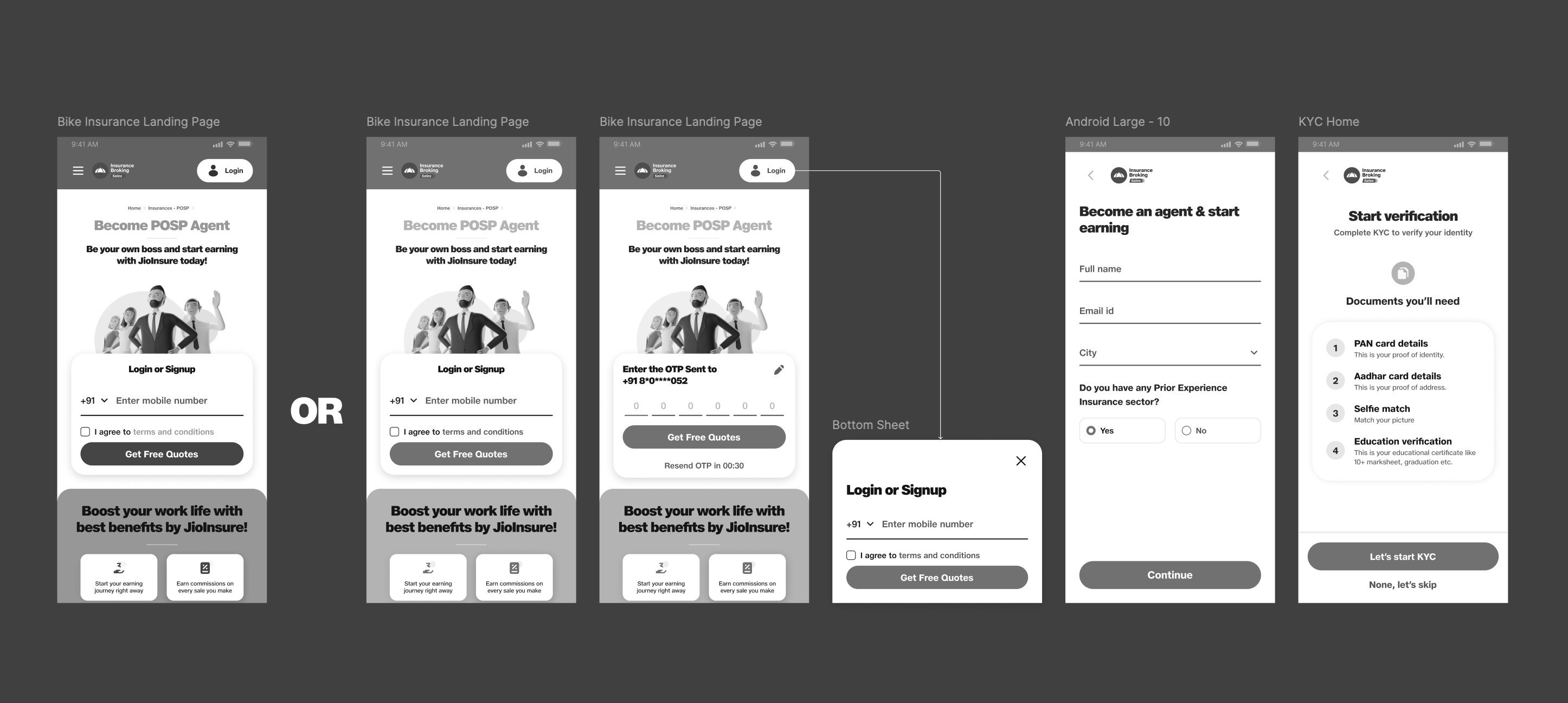 Jio Insurance agent onboarding wireframes showing POSP landing page, OTP login, registration form, and KYC verification flow