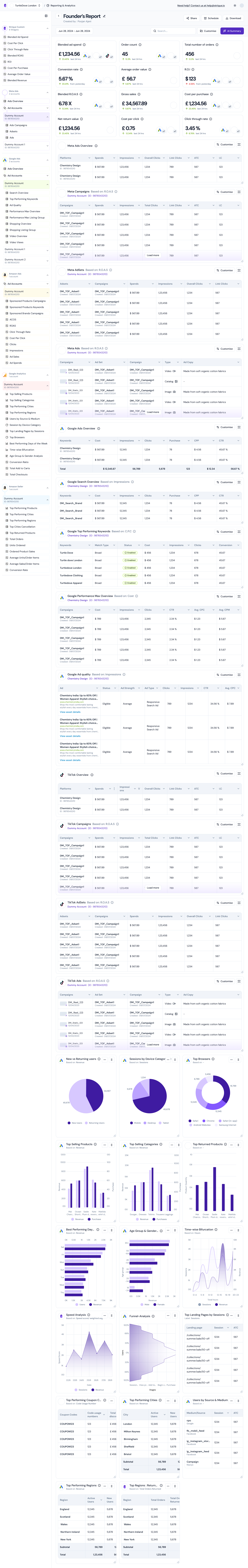 Full Strique Founder's Report showing all reporting tools across Meta, Google, TikTok, Twitter, and analytics