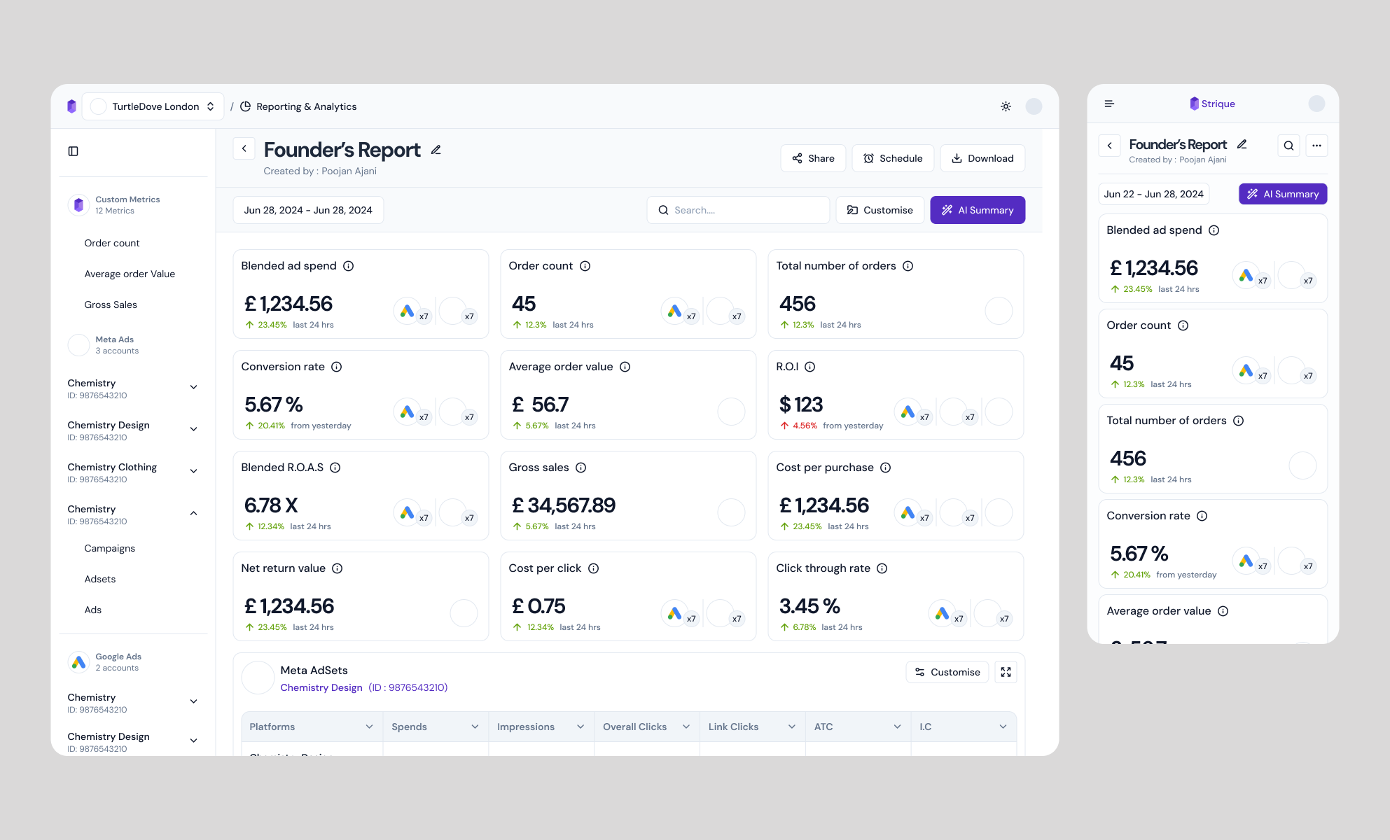 Strique reporting dashboard showing unified data view