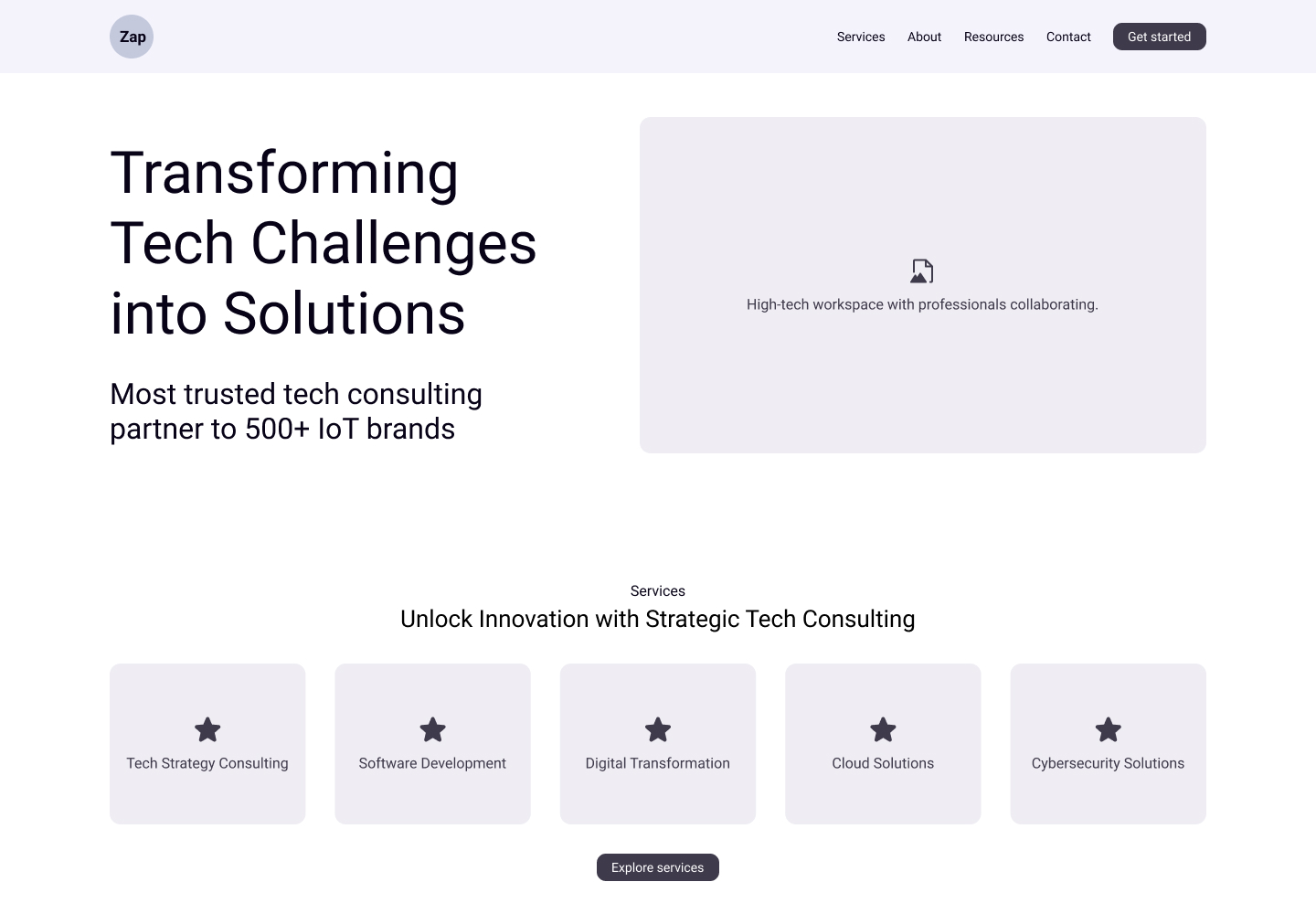Zab homepage wireframe showing two-column hero and services grid layout